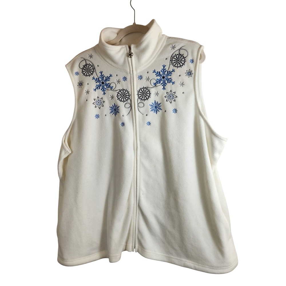 Hastings & Smith Womens 2X Cream Fleece Vest Snowflake Embroidery Full Zip Top‎